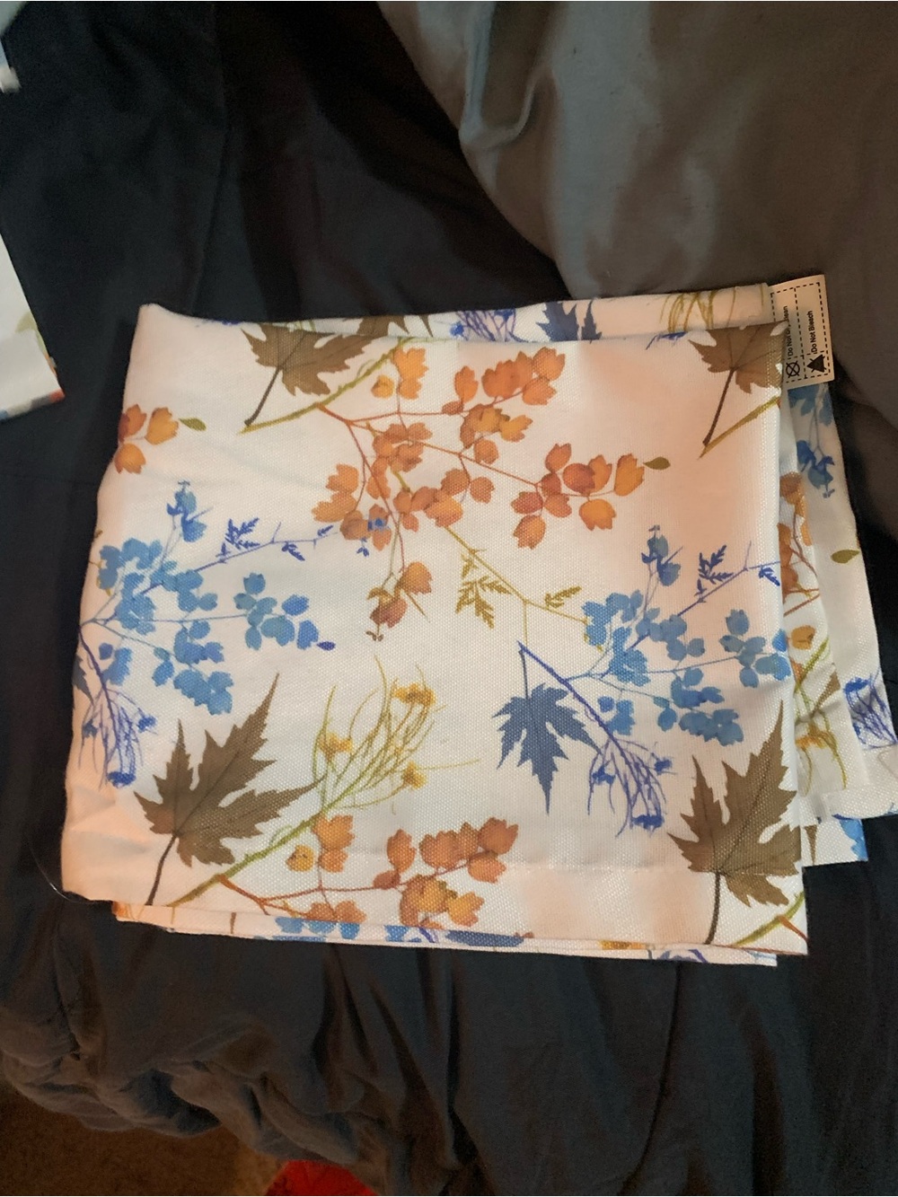 Floral Cotton-Blend Table Napkins in White with Blue & Brown Botanicals